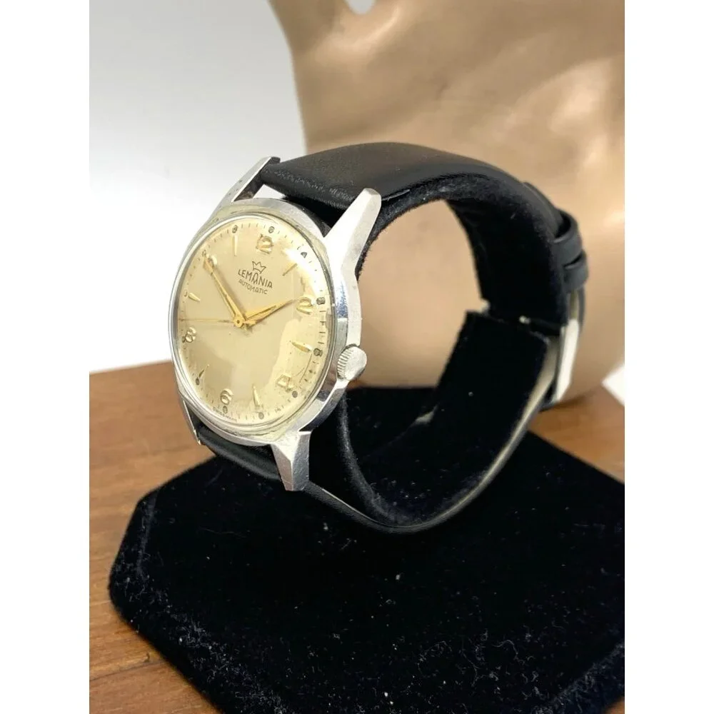 Lemania Men's Watch Vintage 9101 Swiss Automatic Silver Dial Leather Strap 32mm
